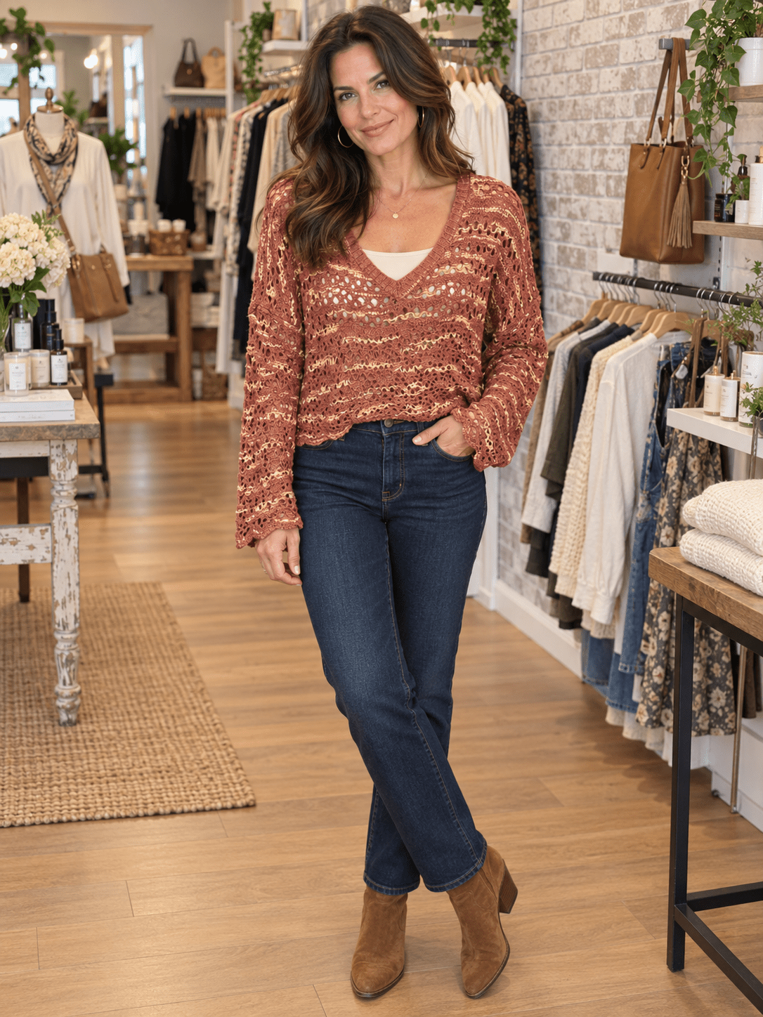 The Sienna Rust Open Knit V-Neck sweater - Heritage-Boutique.com