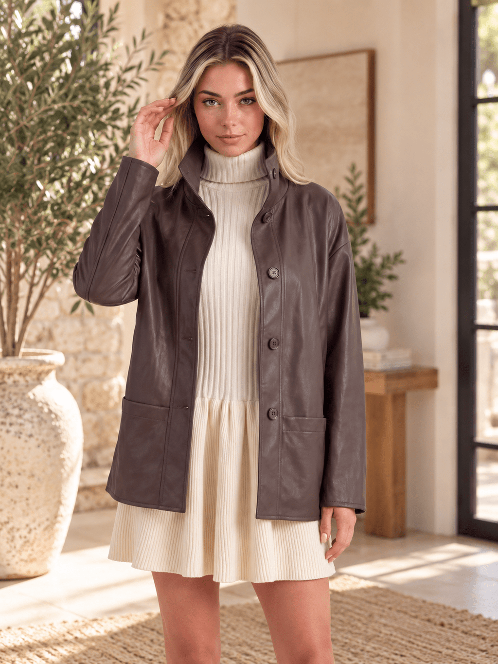 The Uptown Edit Faux Leather Cinched-Waist Funnel Neck Jacket - Heritage-Boutique.com