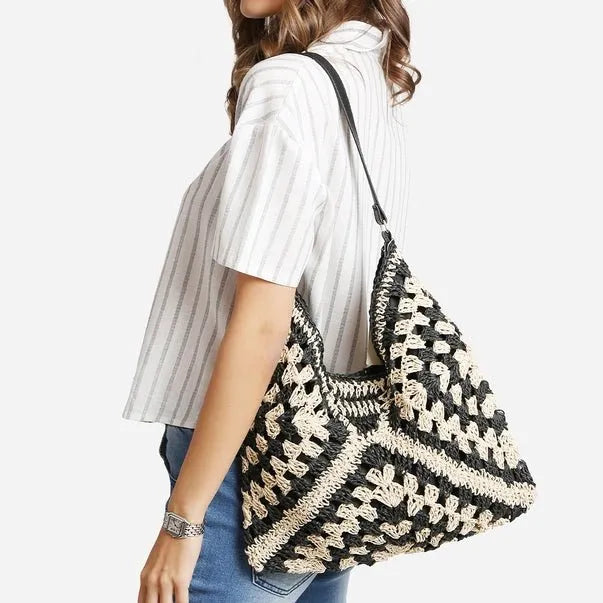 Two Tone Straw Woven Bag - Heritage - Boutique.com