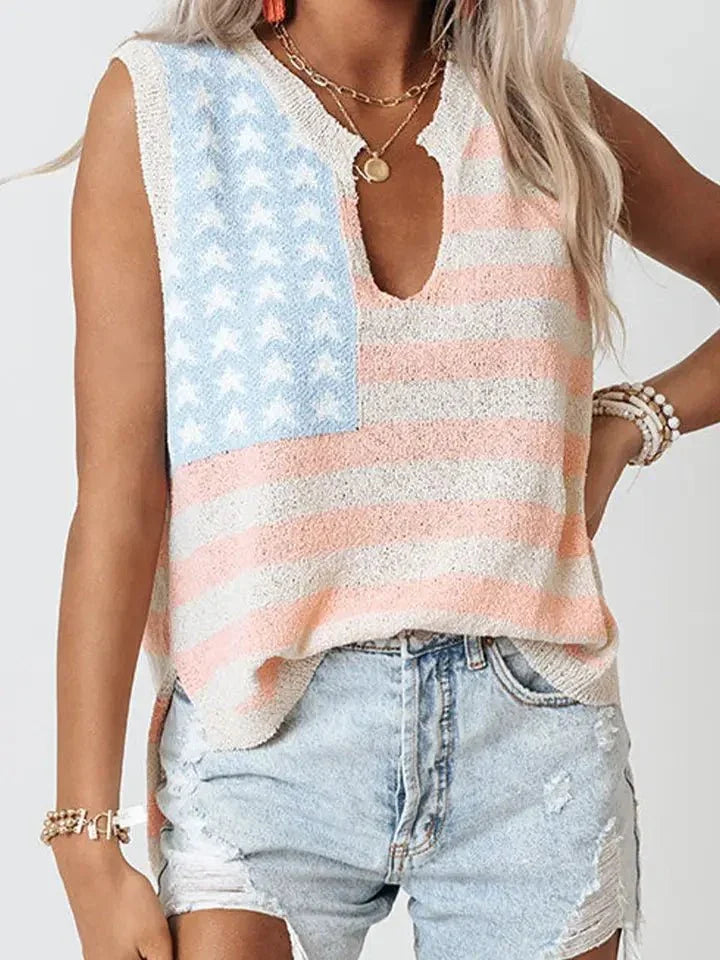 USA Flag Notched Neckline Loose Sweater Vest - Heritage - Boutique.com