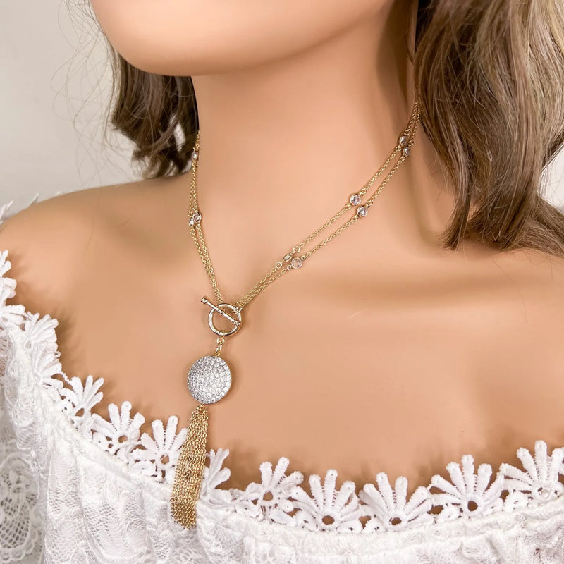 Vintage Gold Toggle Front Cubic Zirconia Tassel Necklace - Heritage-Boutique.com