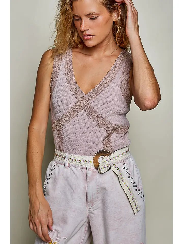 Vintage Romance Lace Trim Thermal V-Neck Tank - Heritage-Boutique.com