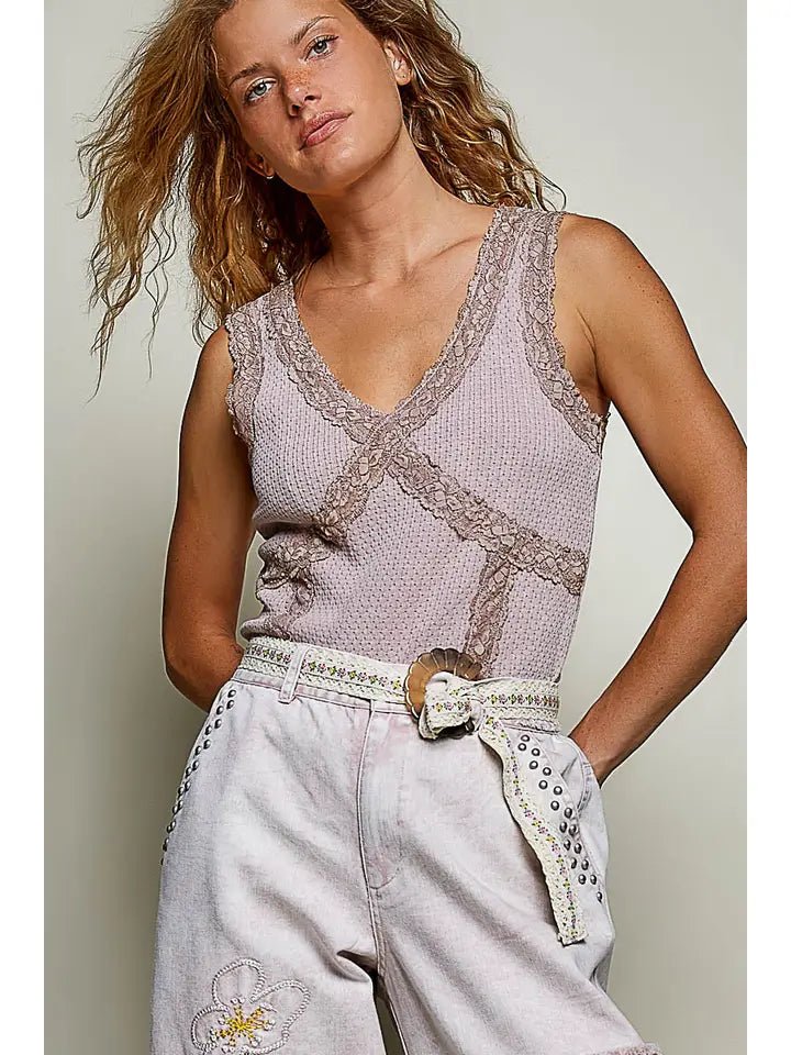 Vintage Romance Lace Trim Thermal V-Neck Tank - Heritage-Boutique.com