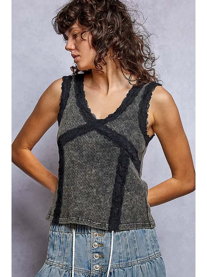 Vintage Romance Lace Trim Thermal V-Neck Tank - Heritage-Boutique.com