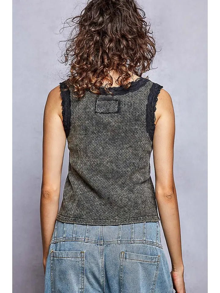 Vintage Romance Lace Trim Thermal V-Neck Tank - Heritage-Boutique.com