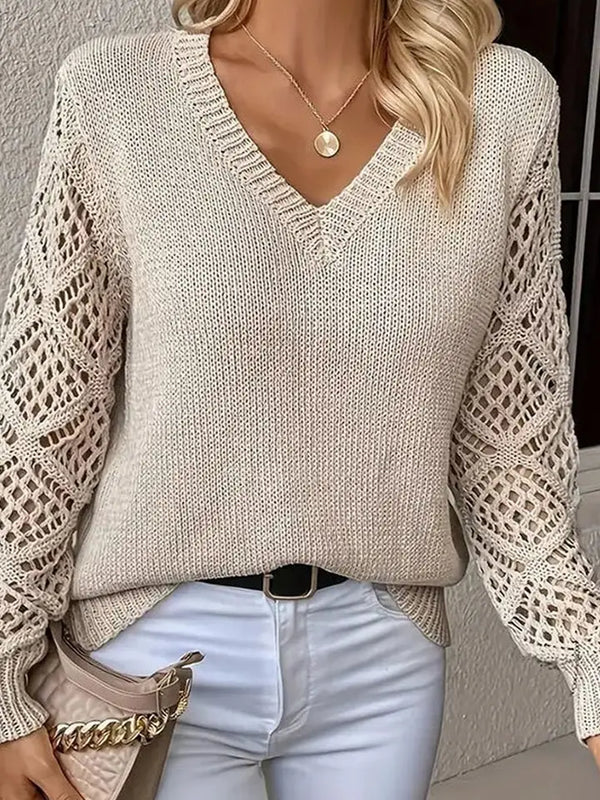 Beige V-Neck Crotchet Sleeve Sweater