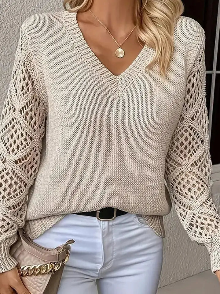 Beige V-Neck Crotchet Sleeve Sweater