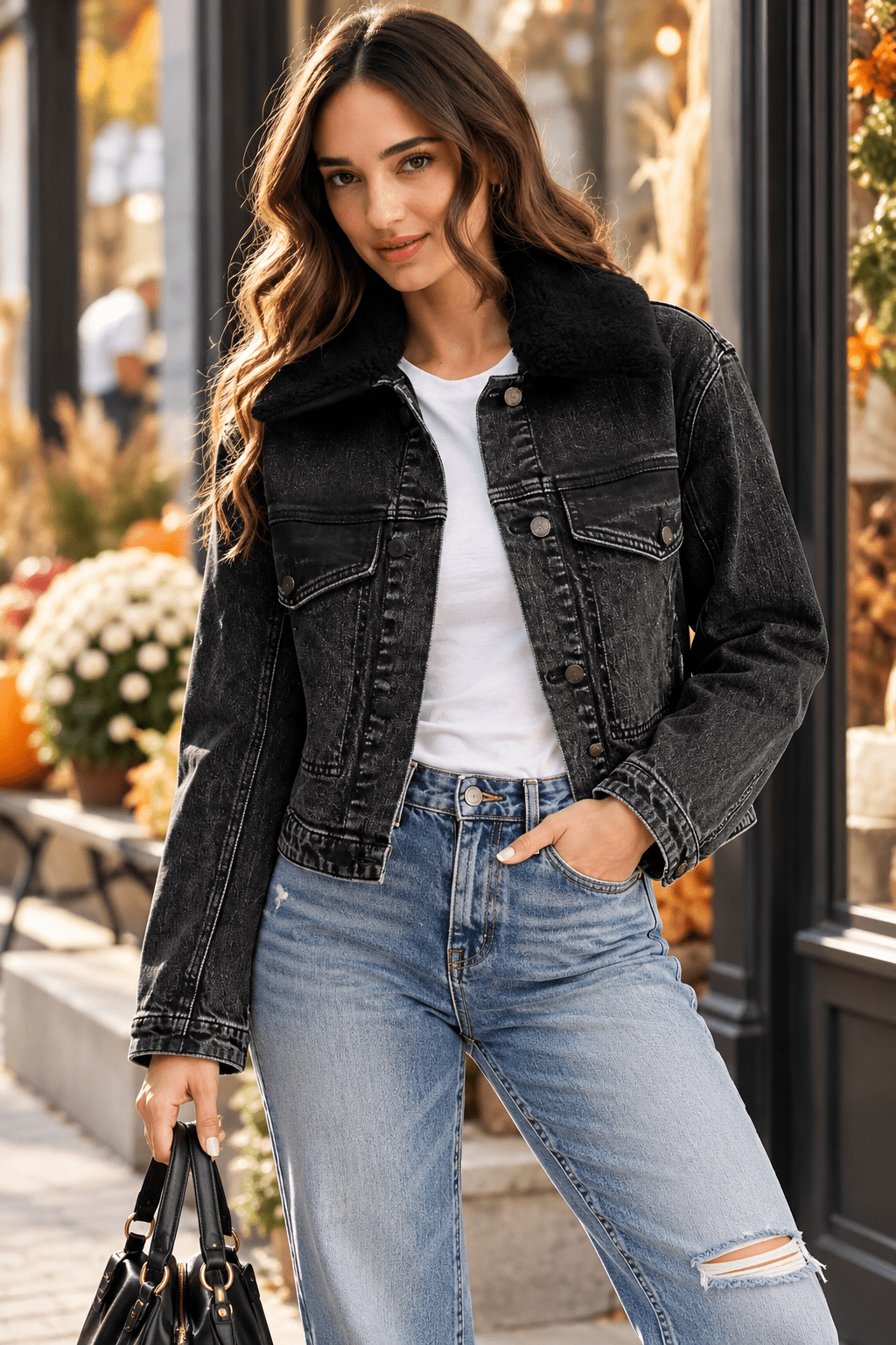 Washed Black Denim Jacket with Faux Fur Collar - JB Collection - Heritage-Boutique.com
