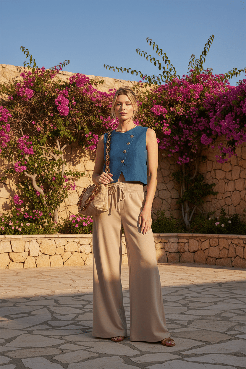 Women's Linen Blend Cropped Vest Top | Asymmetrical Button Front | Heritage Boutique - Heritage-Boutique.com