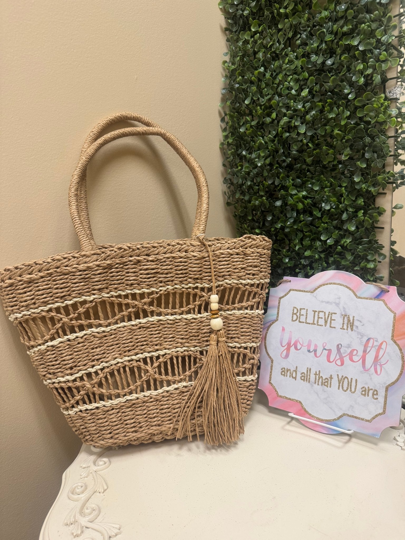 Woven Tassel Top Handle Tote Bag - Heritage - Boutique.com