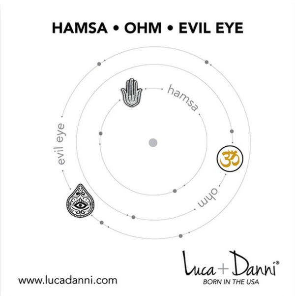 Luca and Danni Gold Trilogy Bracelet (Hamsa, Ohm, Evil Eye)