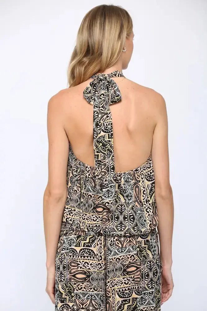 Aztec Print Open Tie Back Top - Black/Tan - Heritage - Boutique.com