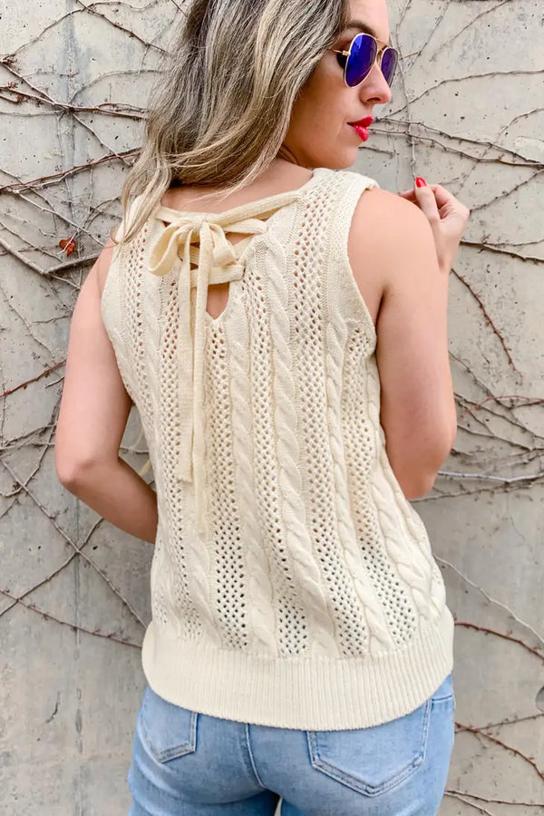 Cream Lace-Up Back Knitted Tank