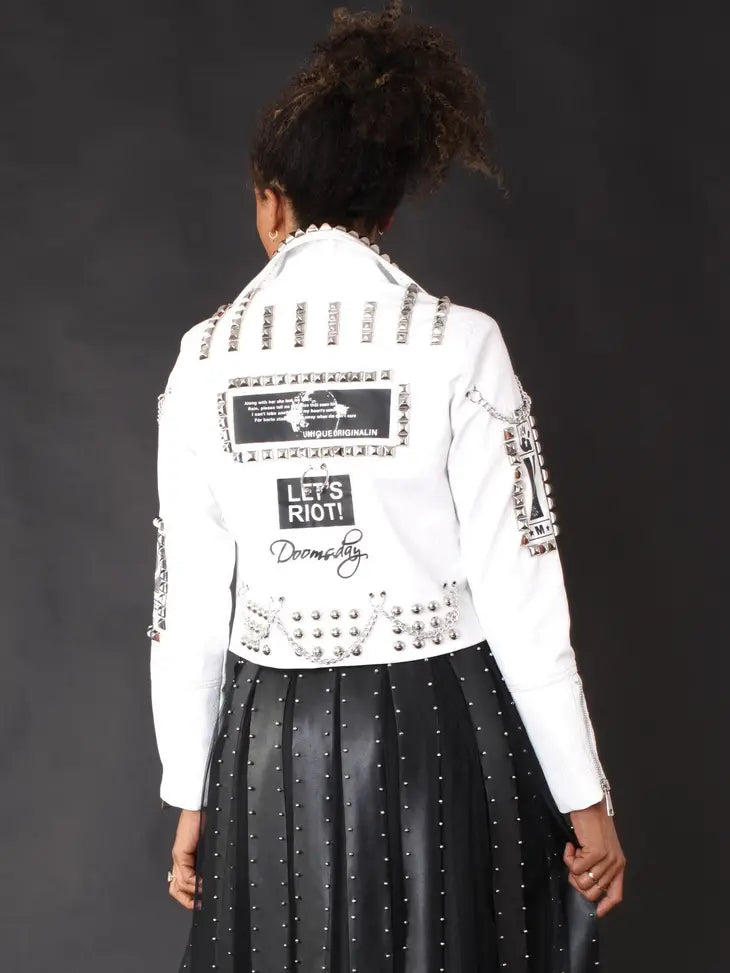 Vegan Leather White Motorcycle Jacket with Chains and Patches