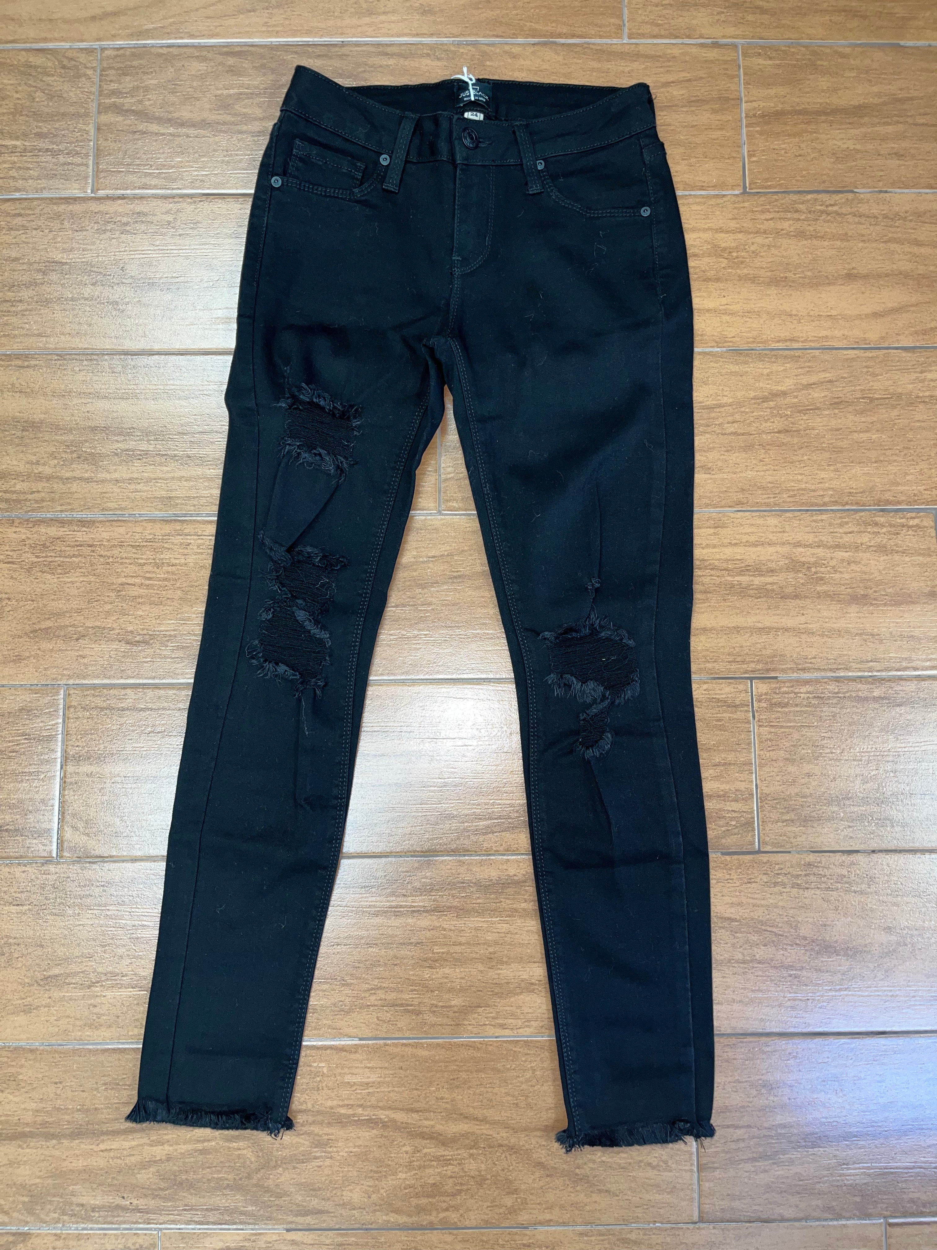 Black Jeans with Distressed Right Leg, Left Knee, and Hems - Heritage-Boutique.com
