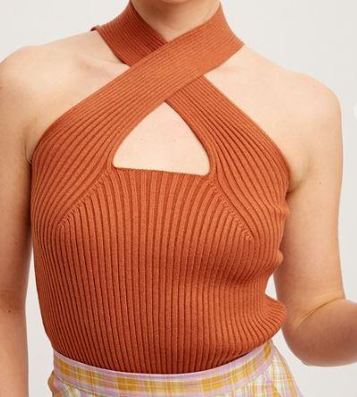 Classy Butterscotch Ribbed Knit Cross Neck Top - Heritage-Boutique.com
