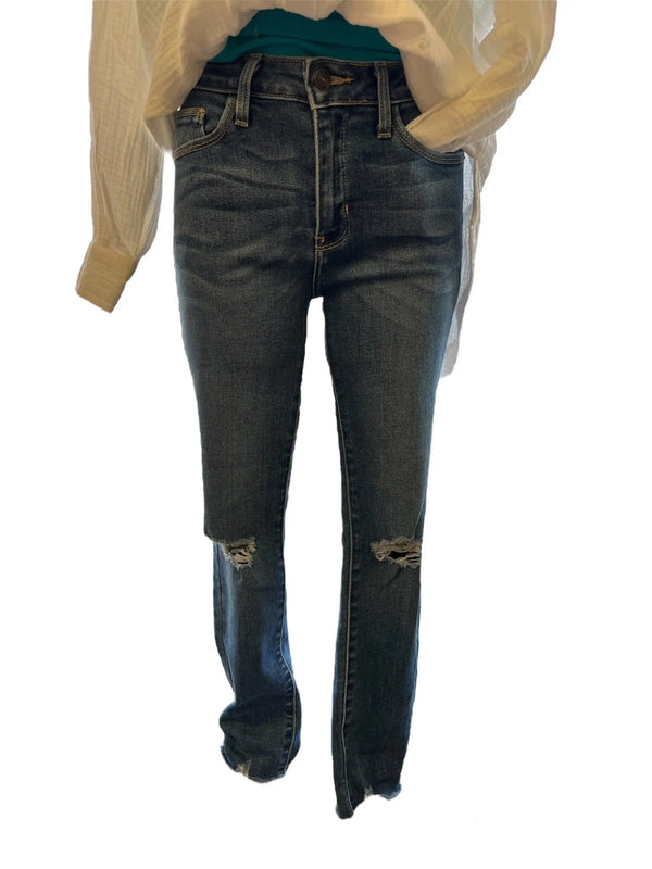 Dark Wash Jeans with Ripped Knees and Distressed Ankles - Heritage-Boutique.com