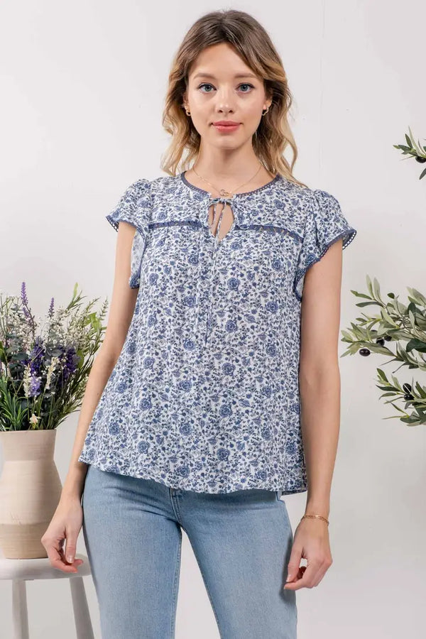 Lace Neck Floral Woven Top