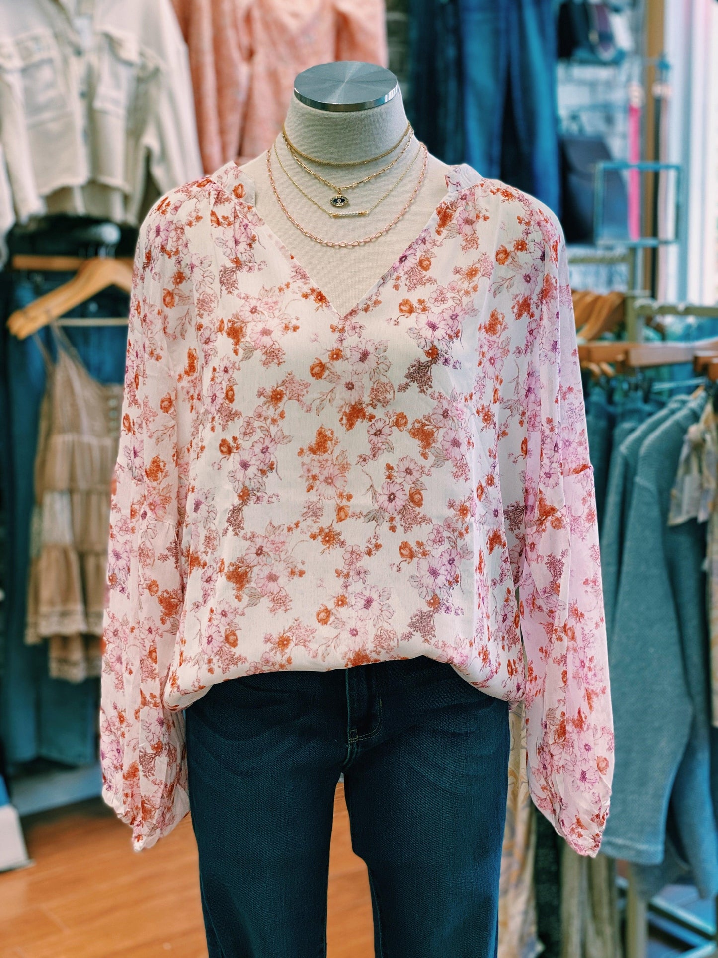Floral V-Neck Long Sleeve Blouse - Heritage-Boutique.com