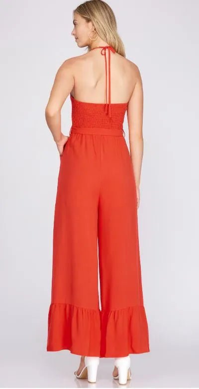 Halter Neck Smocked Top Jumpsuit - Heritage - Boutique.com