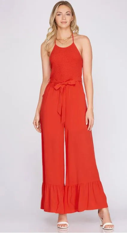 Halter Neck Smocked Top Jumpsuit - Heritage-Boutique.com