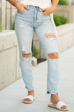 Hi-Rise 90s Straight Skinny Light Wash Distressed Jeans - Heritage-Boutique.com