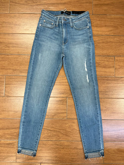 Medium Wash Jeans with Rip and Square Ankle Cut-Outs (sz 27)
