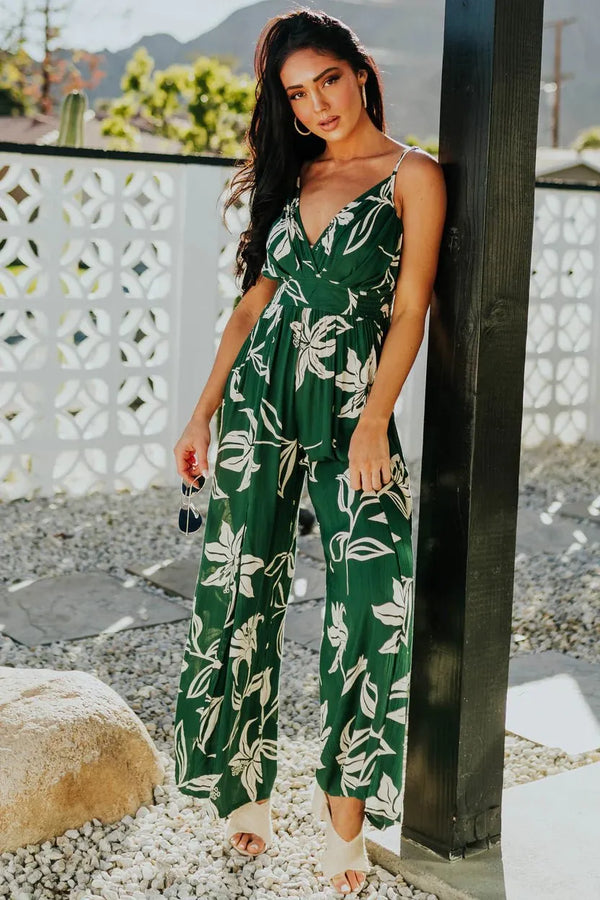 Lush Green Floral Jumpsuit with Leg Slit - Heritage-Boutique.com
