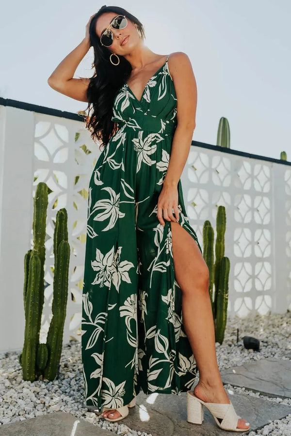 Lush Green Floral Jumpsuit with Leg Slit - Heritage-Boutique.com