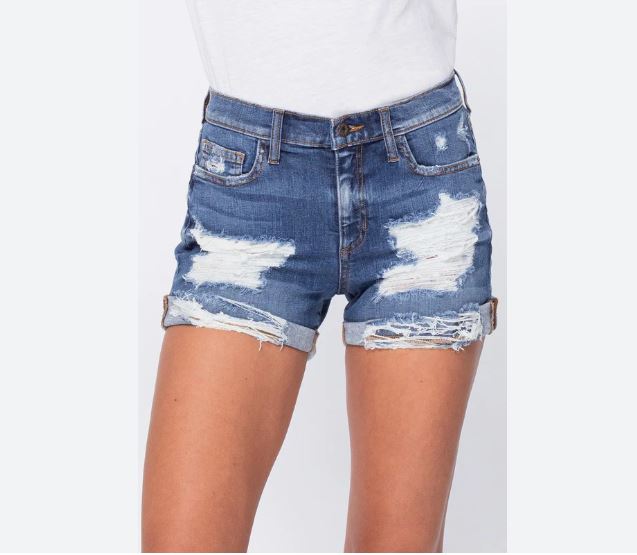 Sneak Peak Mid-Rise Medium Wash Ripped Jean Shorts