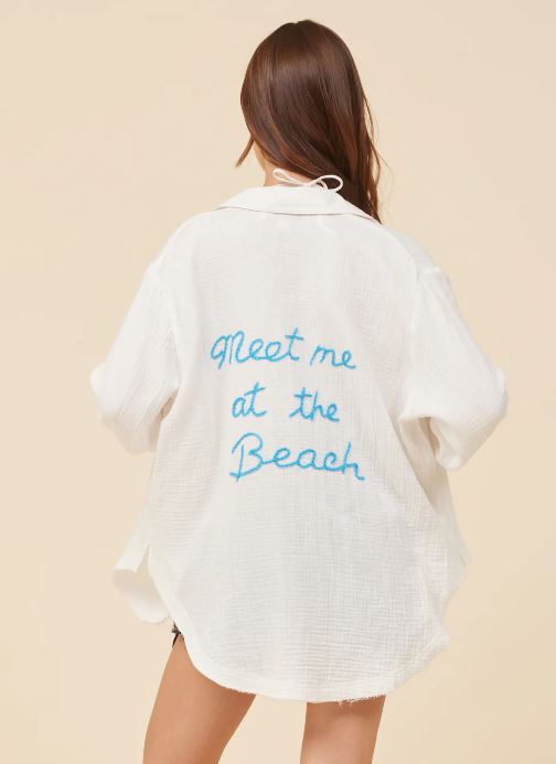 "Meet Me at the Beach" White Button Up