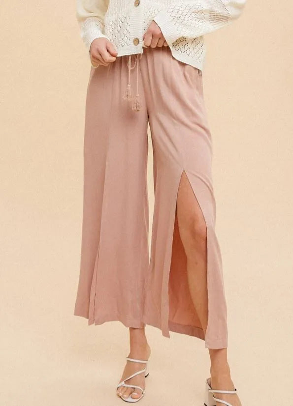 Ruffle High-Waist Wide Pant with Front Slits - Heritage-Boutique.com