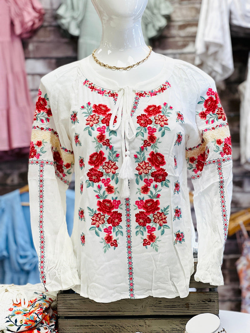 Savanna Jane Tassel Tie Boho Floral Embroiled Top Ivory/Pink - Heritage-Boutique.com