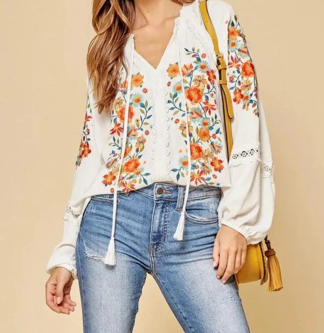 Savanna Jane Tassel Tie Boho Floral Embroiled Top Ivory/Pink - Heritage-Boutique.com