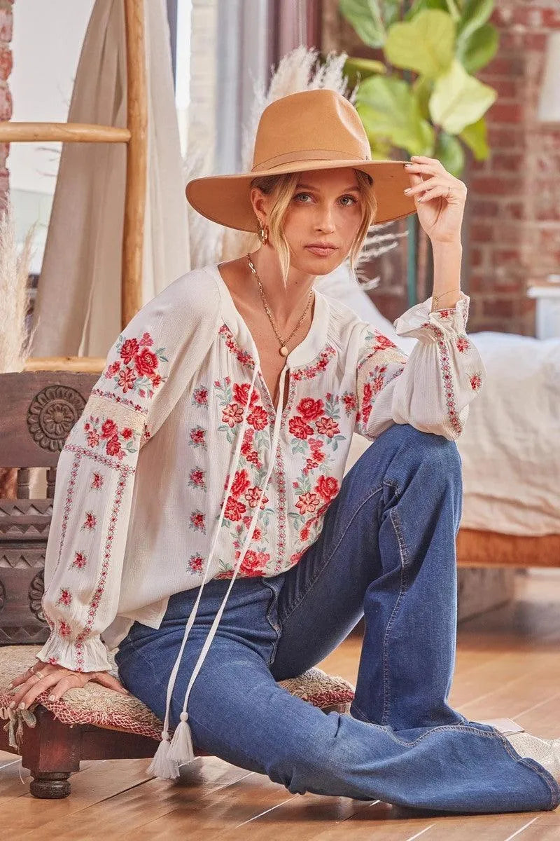 Savanna Jane Tassel Tie Boho Floral Embroiled Top Ivory/Pink - Heritage-Boutique.com
