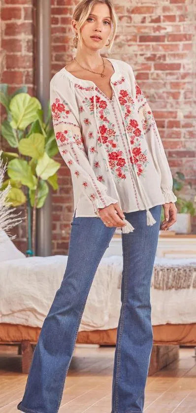 Savanna Jane Tassel Tie Boho Floral Embroiled Top Ivory/Pink - Heritage-Boutique.com