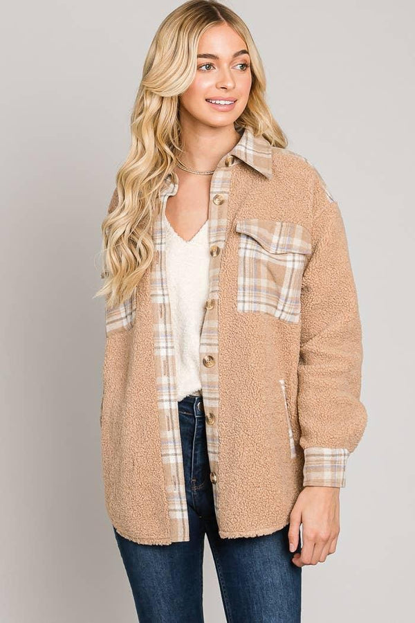 Sherpa Collared Button Front Shacket w Plaid Camel - Heritage-Boutique.com