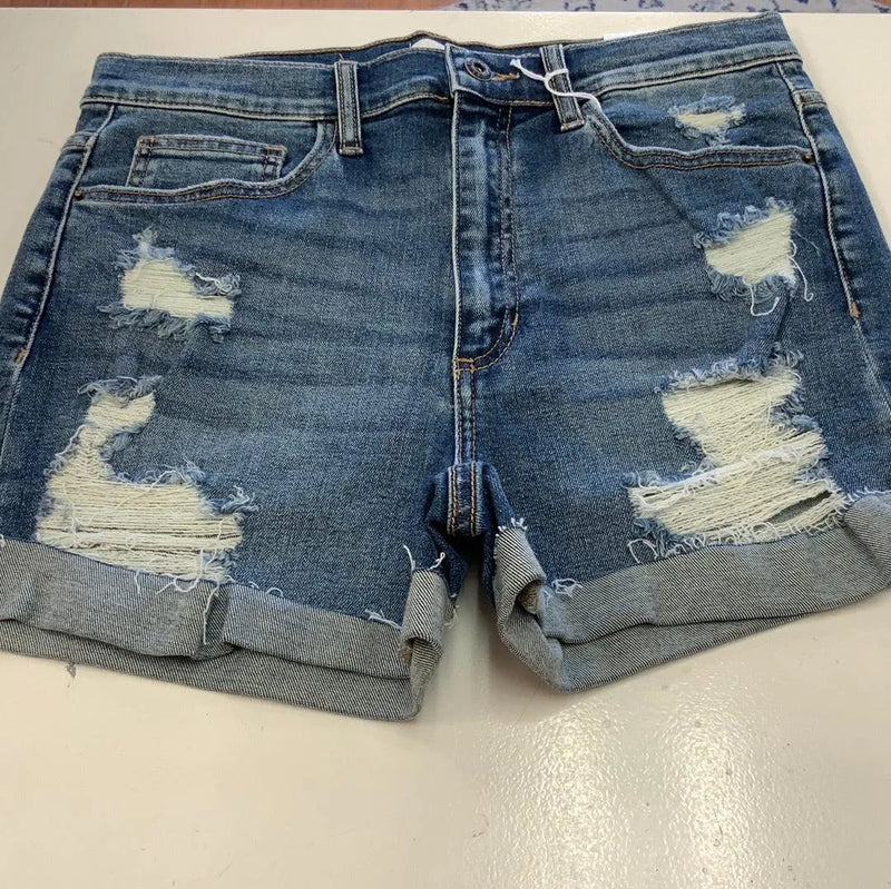 Sneak Peek Hi-Rise Medium-Dark Wash Denim Shorts - Heritage-Boutique.com