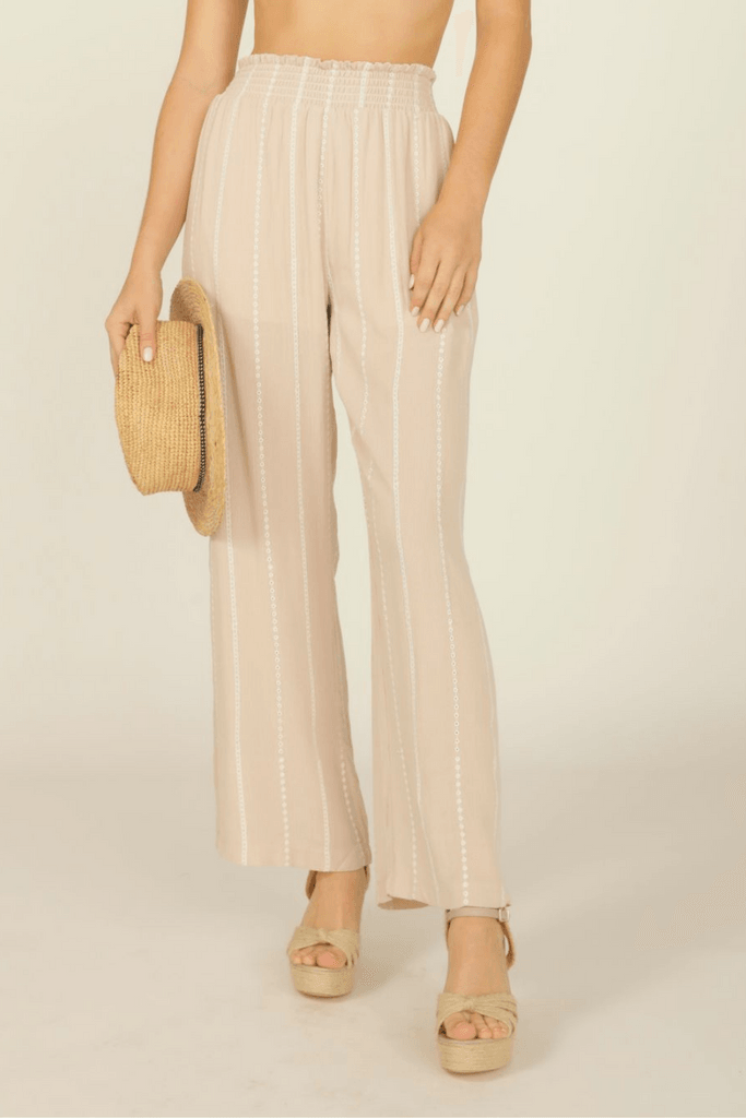 Surf Gypsy Shell With Ivory Embroidery Rayon Crinkle Smocked Wide Leg Pant - Heritage-Boutique.com