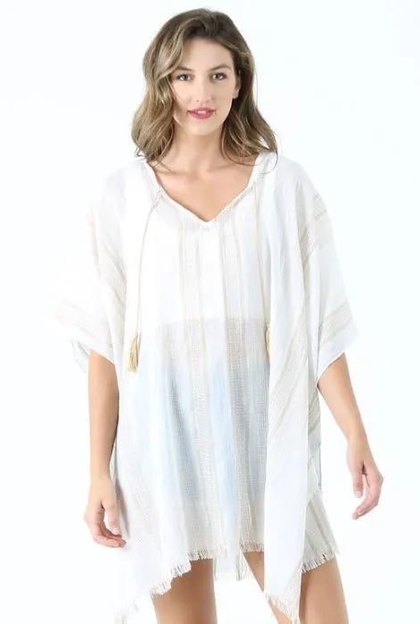 Taupe and Ivory Striped Poncho - Heritage-Boutique.com